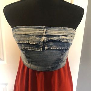 Fun & Flirty Country Girl Strapless Flirty Dress Denim & Brick Red Sz Small